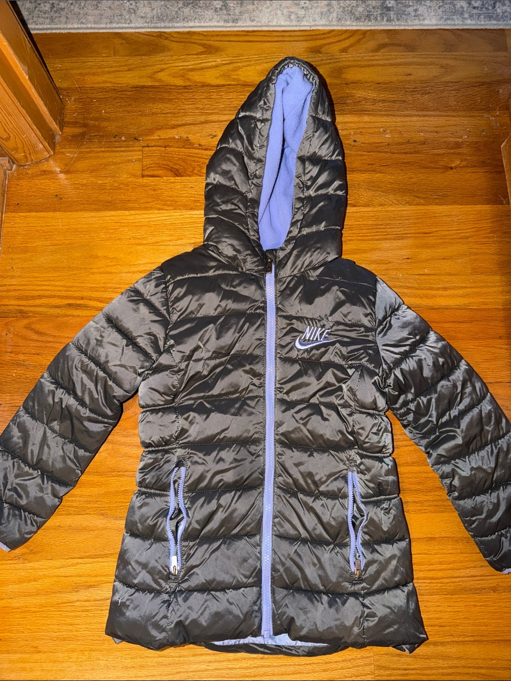 Nike Kids Grey Puffer Jacket with Purple Trim and Hood